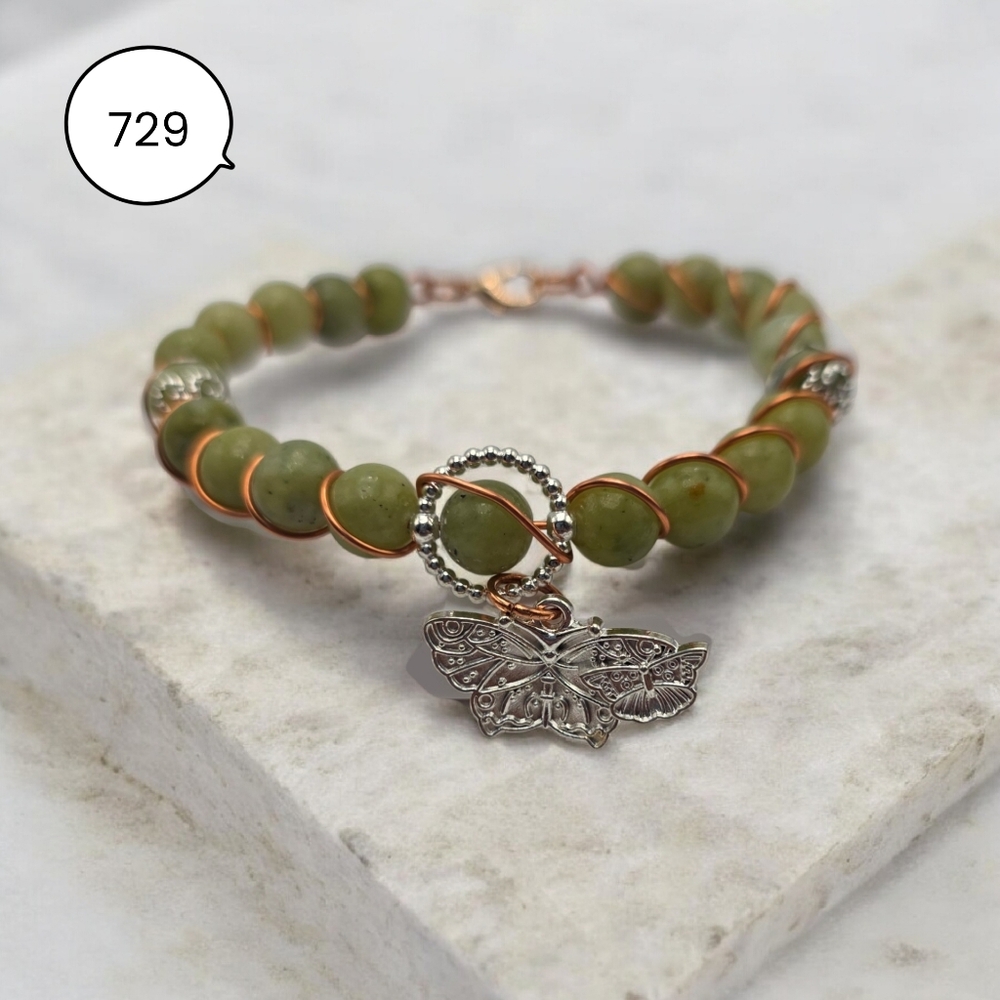 Green Jasper Butterfly Charm Bracelet – Handcrafted Wire-Wrapped Beaded Jewelry - Picture 1 of 5
